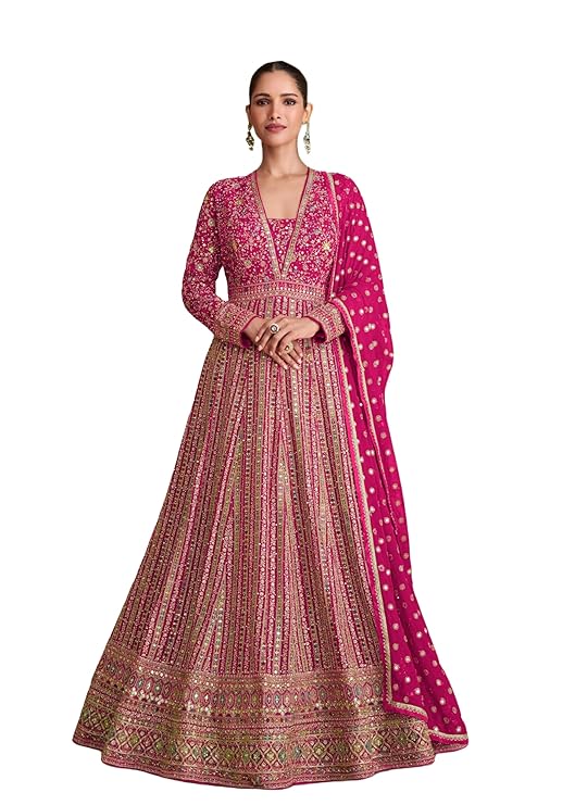 Miss Ethnik Women's Pink Chinon Embroidered Anarkali-TRENDDIVE
