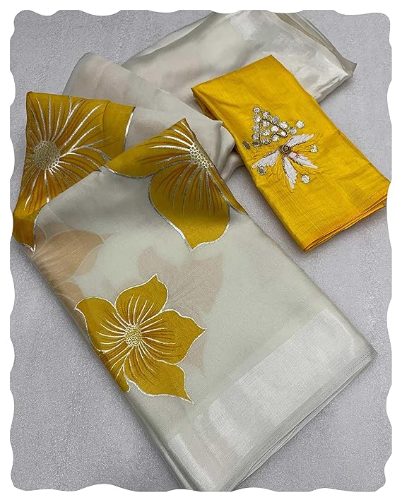 Peachmode Women's Floral Foil Printed Organza Saree-TRENDDIVE